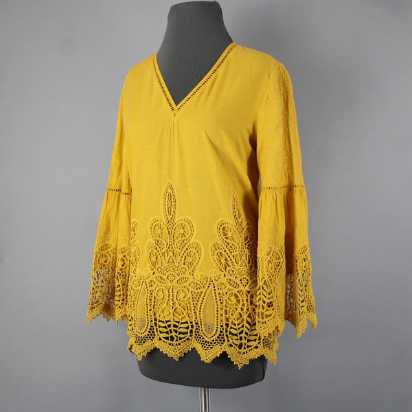 Chicos NEW $109 Sz 0 Bright Ochre Yellow Embroid Lace Cut Out 100% Cotton Top