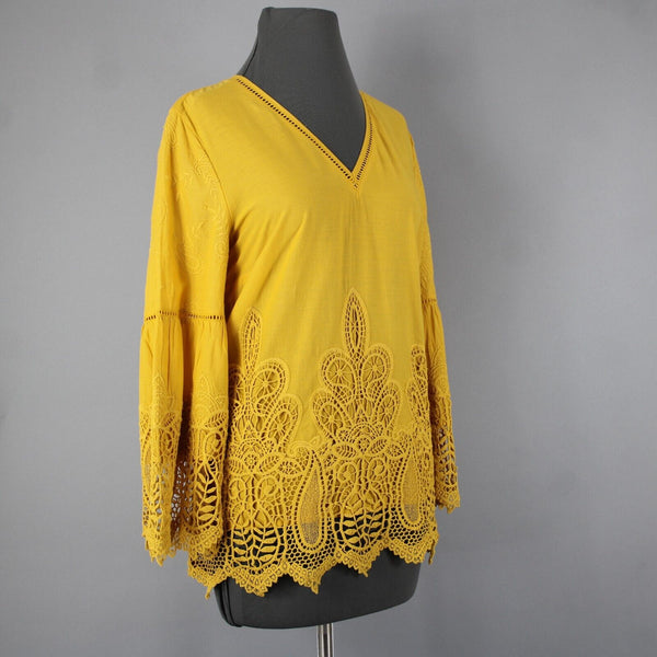 Chicos NEW $109 Sz 0 Bright Ochre Yellow Embroid Lace Cut Out 100% Cotton Top