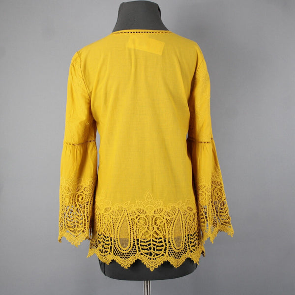 Chicos NEW $109 Sz 0 Bright Ochre Yellow Embroid Lace Cut Out 100% Cotton Top