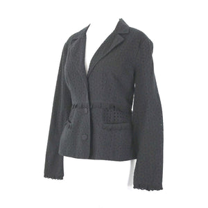 Cabi Sz 6 Black Embroid Eyelet Cutwork Trim Button Collared 100% Cotton Blazer