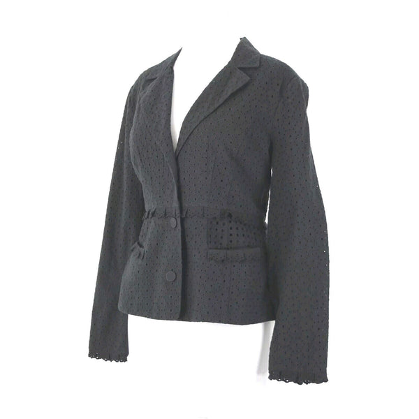 Cabi Sz 6 Black Embroid Eyelet Cutwork Trim Button Collared 100% Cotton Blazer