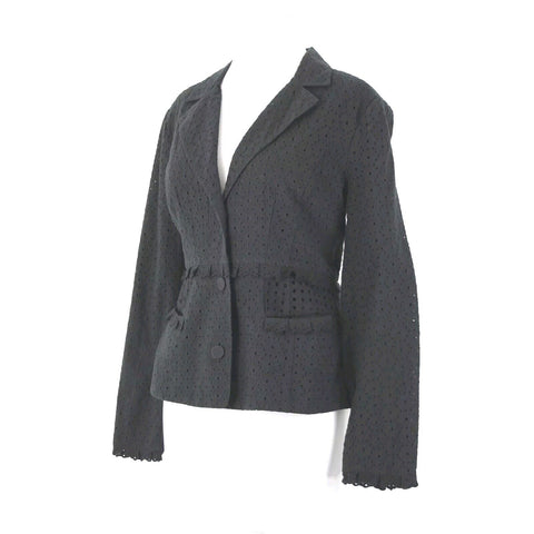 Cabi Sz 6 Black Embroid Eyelet Cutwork Trim Button Collared 100% Cotton Blazer