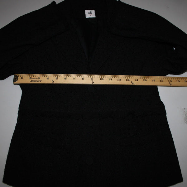Cabi Sz 6 Black Embroid Eyelet Cutwork Trim Button Collared 100% Cotton Blazer