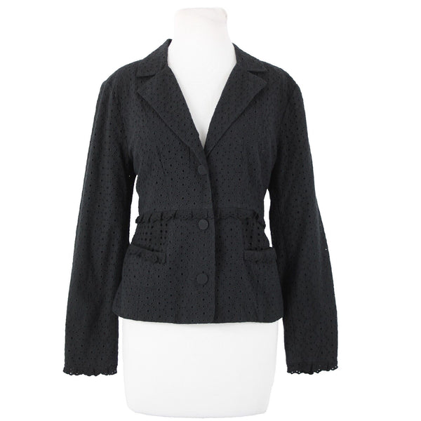 Cabi Sz 6 Black Embroid Eyelet Cutwork Trim Button Collared 100% Cotton Blazer