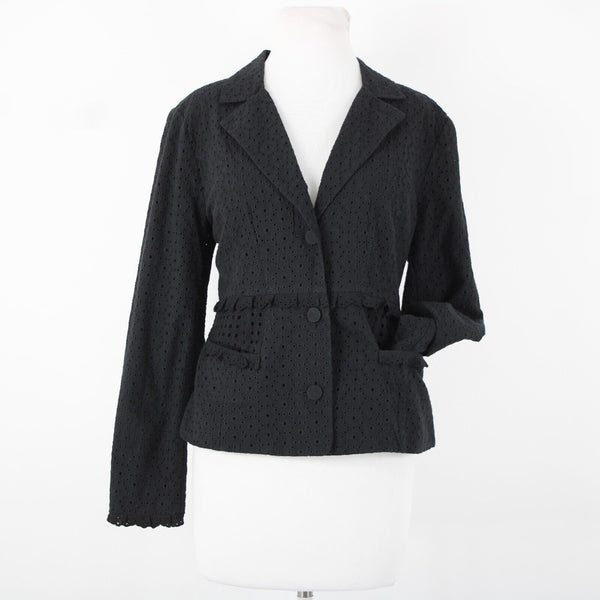 Cabi Sz 6 Black Embroid Eyelet Cutwork Trim Button Collared 100% Cotton Blazer