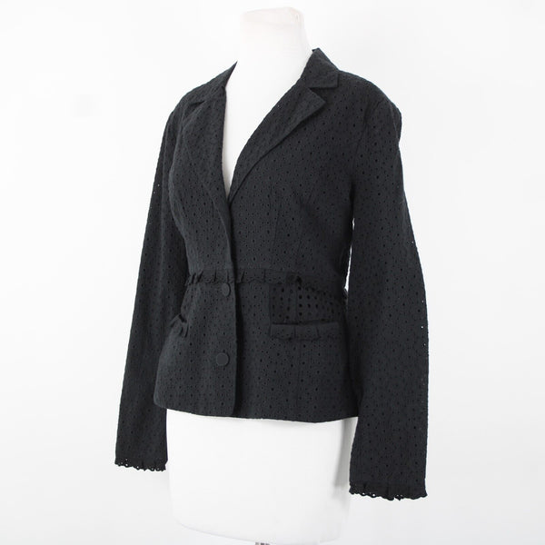 Cabi Sz 6 Black Embroid Eyelet Cutwork Trim Button Collared 100% Cotton Blazer