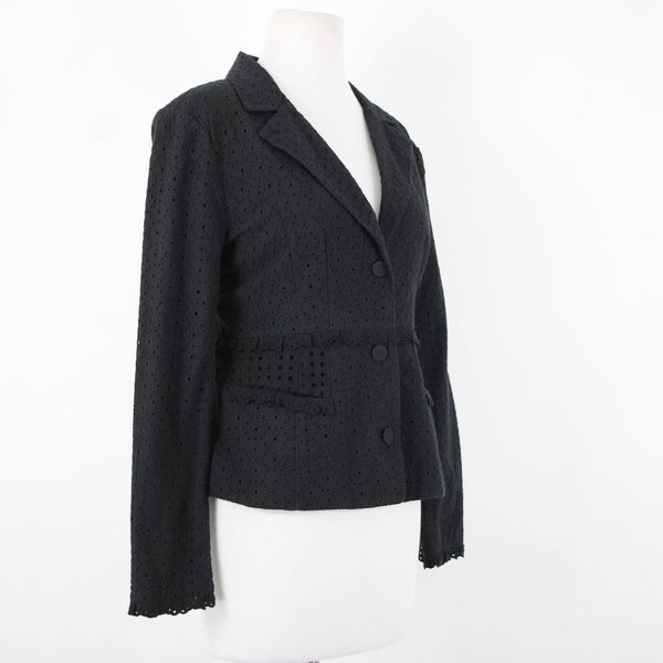 Cabi Sz 6 Black Embroid Eyelet Cutwork Trim Button Collared 100% Cotton Blazer