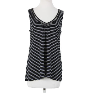 White House Black Market Sz M Black White Beaded Rhinestones Rayon Spandex Top