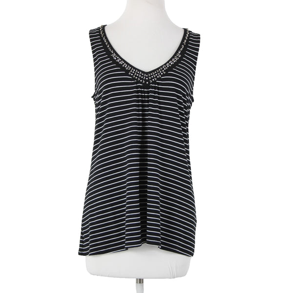 White House Black Market Sz M Black White Beaded Rhinestones Rayon Spandex Top