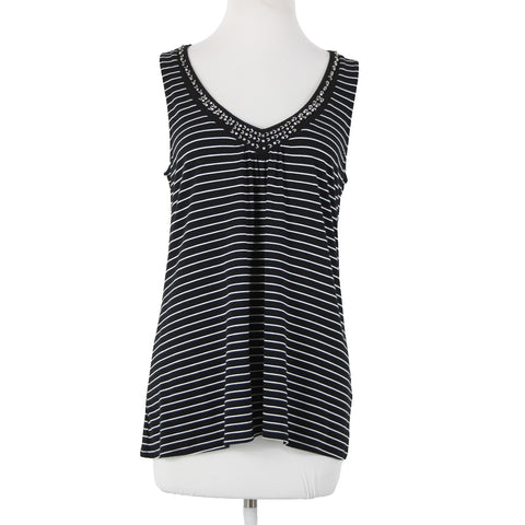 White House Black Market Sz M Black White Beaded Rhinestones Rayon Spandex Top