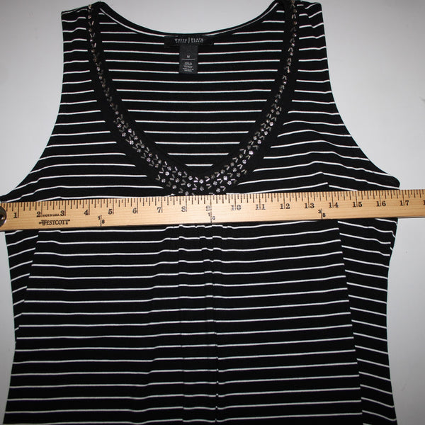 White House Black Market Sz M Black White Beaded Rhinestones Rayon Spandex Top