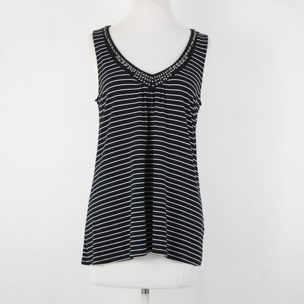 White House Black Market Sz M Black White Beaded Rhinestones Rayon Spandex Top