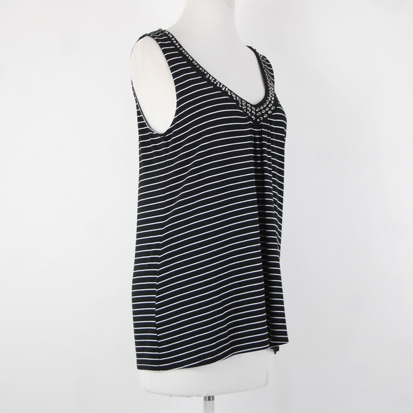 White House Black Market Sz M Black White Beaded Rhinestones Rayon Spandex Top