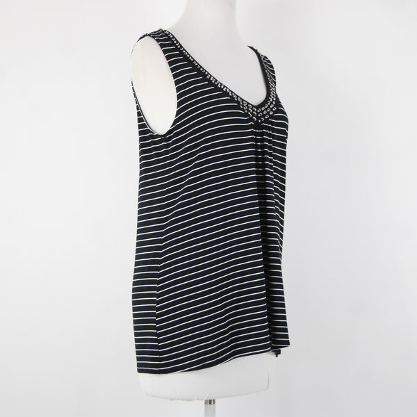 White House Black Market Sz M Black White Beaded Rhinestones Rayon Spandex Top