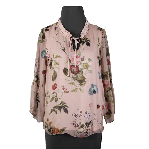 Angela Moda NEW Sz S Blush Pink Multi Color Floral Ruffle Lined Silk Viscose Top