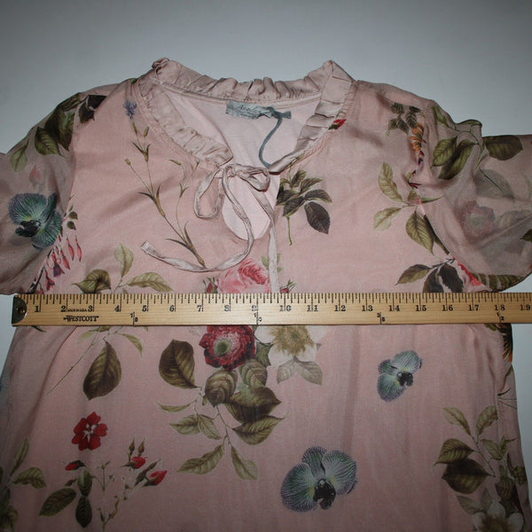 Angela Moda NEW Sz S Blush Pink Multi Color Floral Ruffle Lined Silk Viscose Top