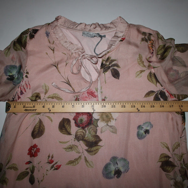 Angela Moda NEW Sz S Blush Pink Multi Color Floral Ruffle Lined Silk Viscose Top