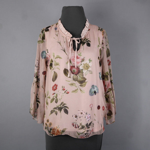 Angela Moda NEW Sz S Blush Pink Multi Color Floral Ruffle Lined Silk Viscose Top