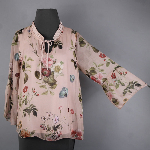 Angela Moda NEW Sz S Blush Pink Multi Color Floral Ruffle Lined Silk Viscose Top