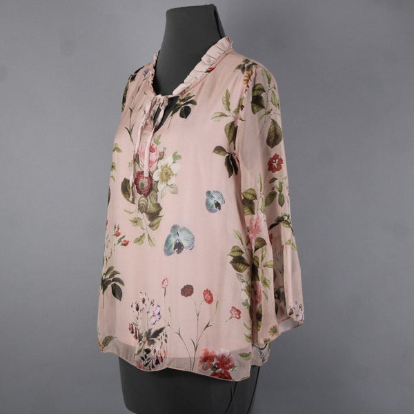 Angela Moda NEW Sz S Blush Pink Multi Color Floral Ruffle Lined Silk Viscose Top