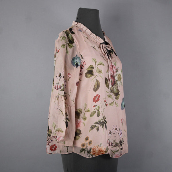 Angela Moda NEW Sz S Blush Pink Multi Color Floral Ruffle Lined Silk Viscose Top