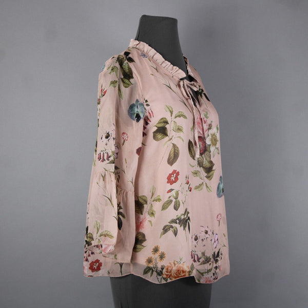 Angela Moda NEW Sz S Blush Pink Multi Color Floral Ruffle Lined Silk Viscose Top