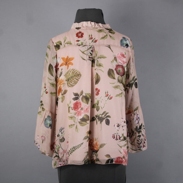 Angela Moda NEW Sz S Blush Pink Multi Color Floral Ruffle Lined Silk Viscose Top