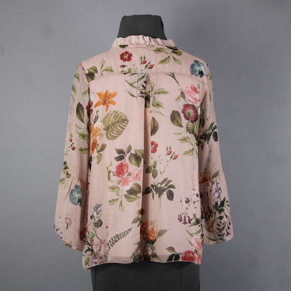 Angela Moda NEW Sz S Blush Pink Multi Color Floral Ruffle Lined Silk Viscose Top