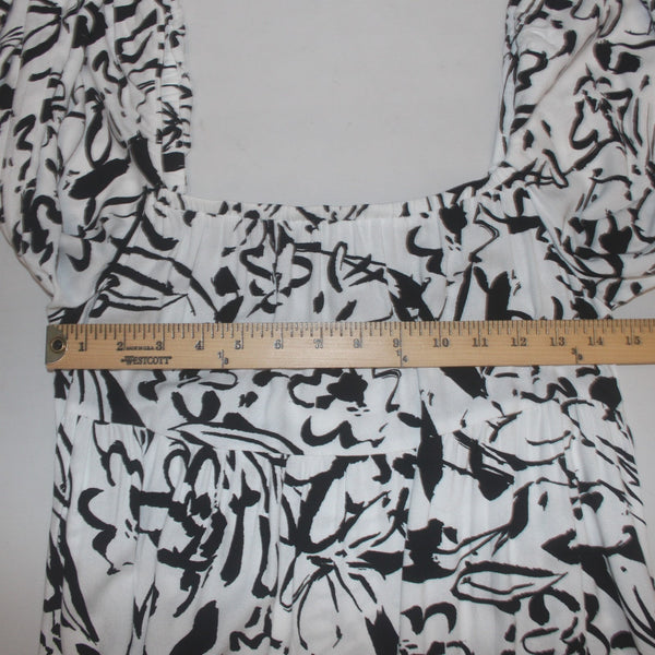 Apricot Dress NEW $95 Sz M White Black Brush Stroke Floral Tiered 100% Viscose