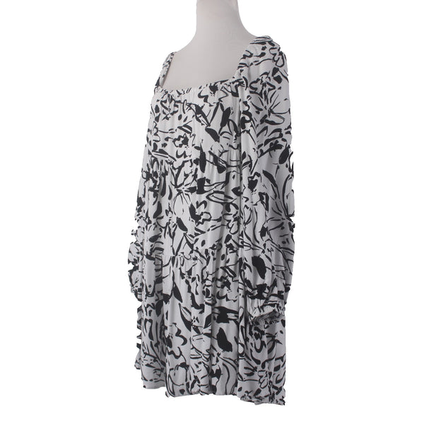 Apricot Dress NEW $95 Sz M White Black Brush Stroke Floral Tiered 100% Viscose