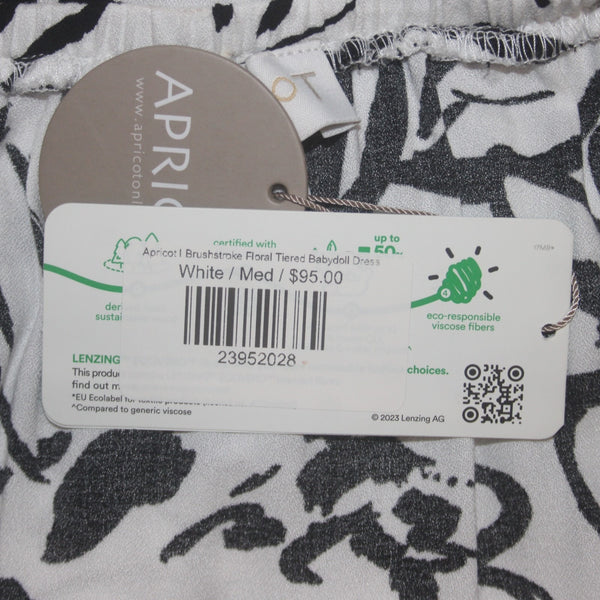 Apricot Dress NEW $95 Sz M White Black Brush Stroke Floral Tiered 100% Viscose