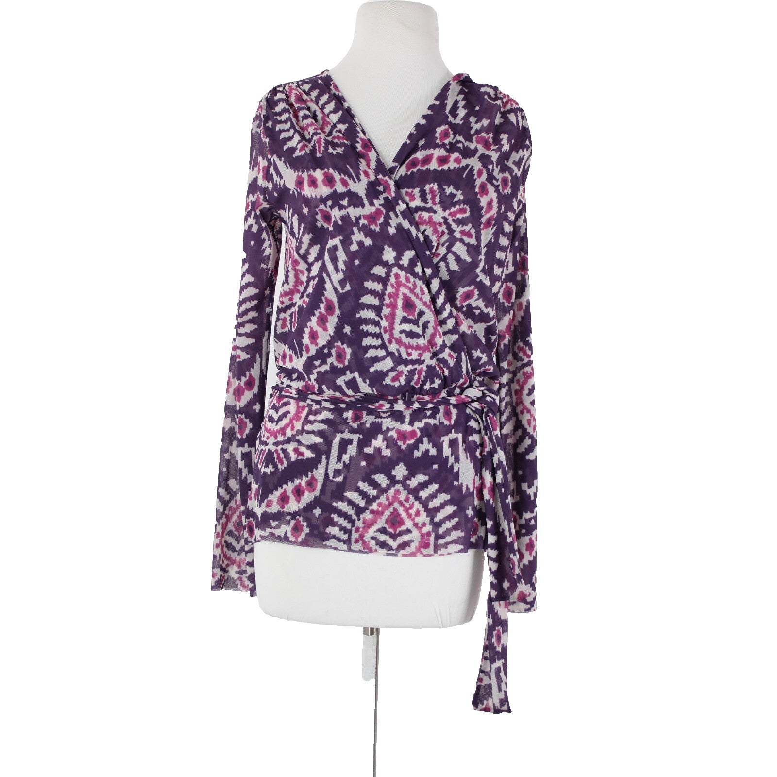 Sweet Pea Sz S Purple White Paisley Sheer Belted V Neck 100% Nylon Mesh Top