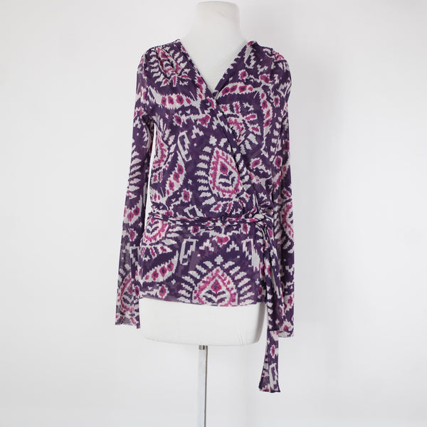 Sweet Pea Sz S Purple White Paisley Sheer Belted V Neck 100% Nylon Mesh Top