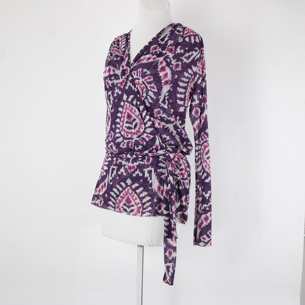 Sweet Pea Sz S Purple White Paisley Sheer Belted V Neck 100% Nylon Mesh Top