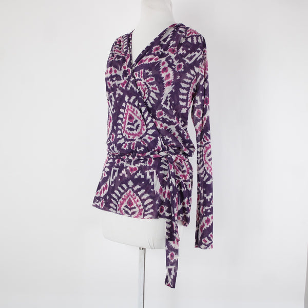 Sweet Pea Sz S Purple White Paisley Sheer Belted V Neck 100% Nylon Mesh Top