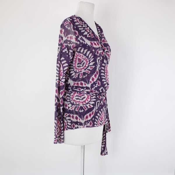 Sweet Pea Sz S Purple White Paisley Sheer Belted V Neck 100% Nylon Mesh Top