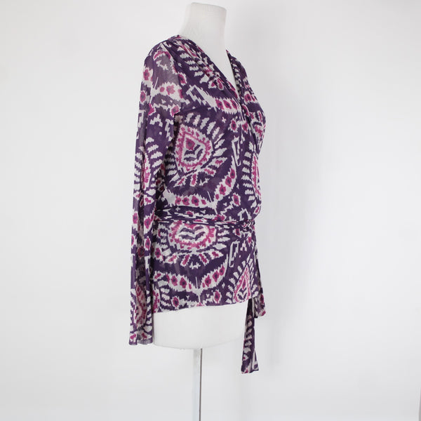 Sweet Pea Sz S Purple White Paisley Sheer Belted V Neck 100% Nylon Mesh Top