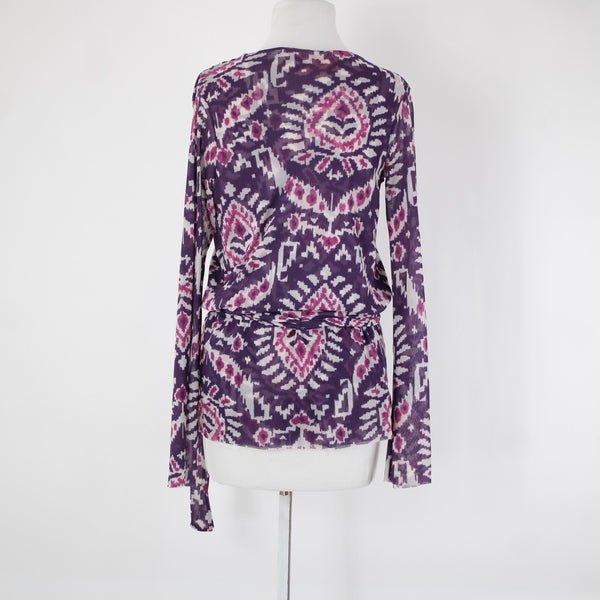 Sweet Pea Sz S Purple White Paisley Sheer Belted V Neck 100% Nylon Mesh Top