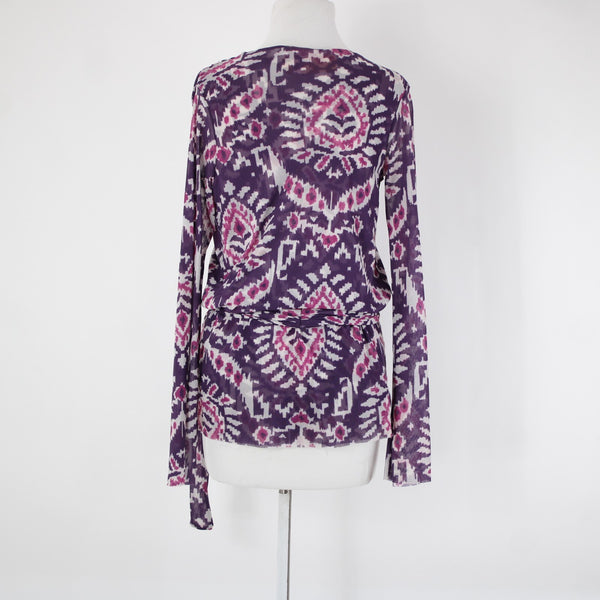Sweet Pea Sz S Purple White Paisley Sheer Belted V Neck 100% Nylon Mesh Top