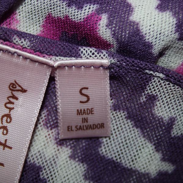 Sweet Pea Sz S Purple White Paisley Sheer Belted V Neck 100% Nylon Mesh Top