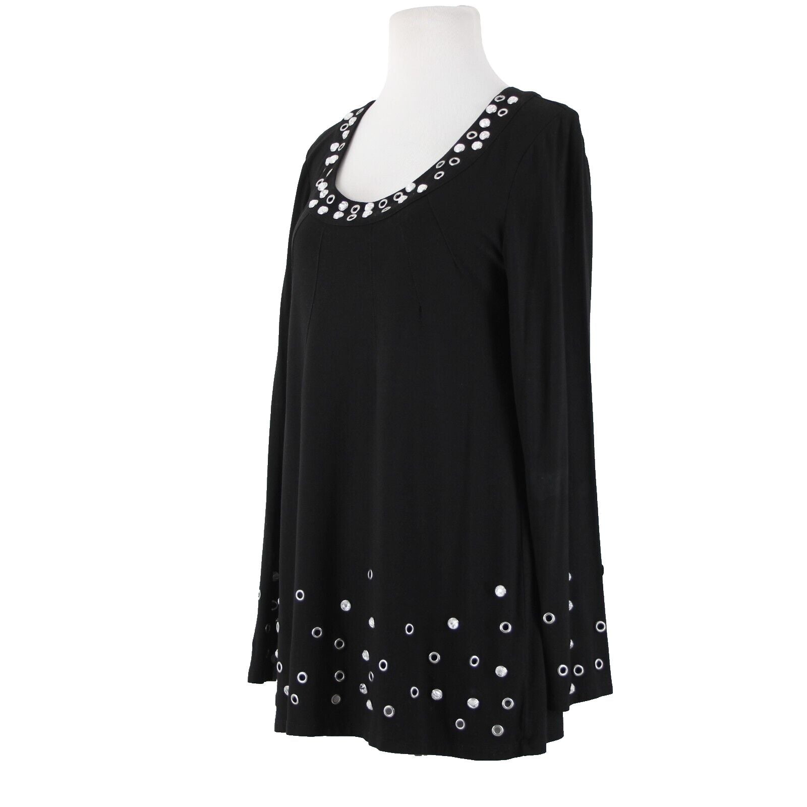 INC Sz L Black Silver Rhinestone Rivet Embellished Round Neck Rayon Spandex Top