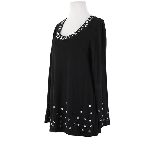 INC Sz L Black Silver Rhinestone Rivet Embellished Round Neck Rayon Spandex Top