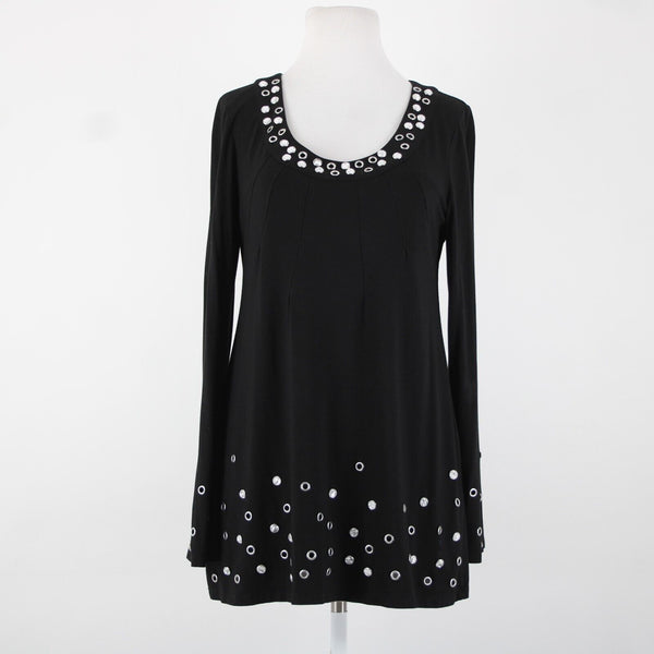 INC Sz L Black Silver Rhinestone Rivet Embellished Round Neck Rayon Spandex Top