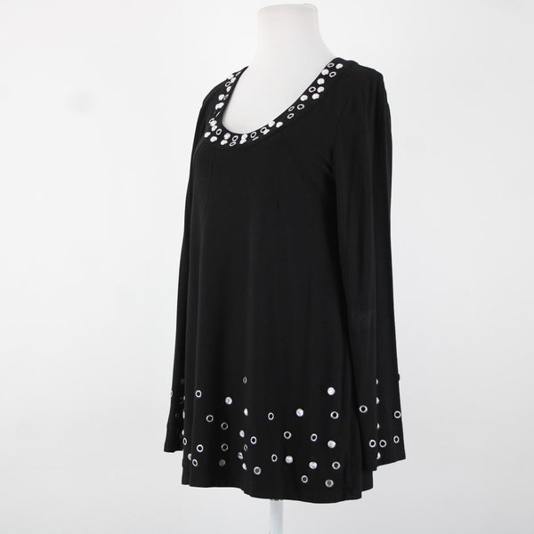 INC Sz L Black Silver Rhinestone Rivet Embellished Round Neck Rayon Spandex Top
