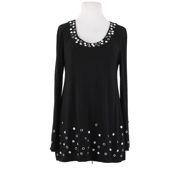 INC Sz L Black Silver Rhinestone Rivet Embellished Round Neck Rayon Spandex Top
