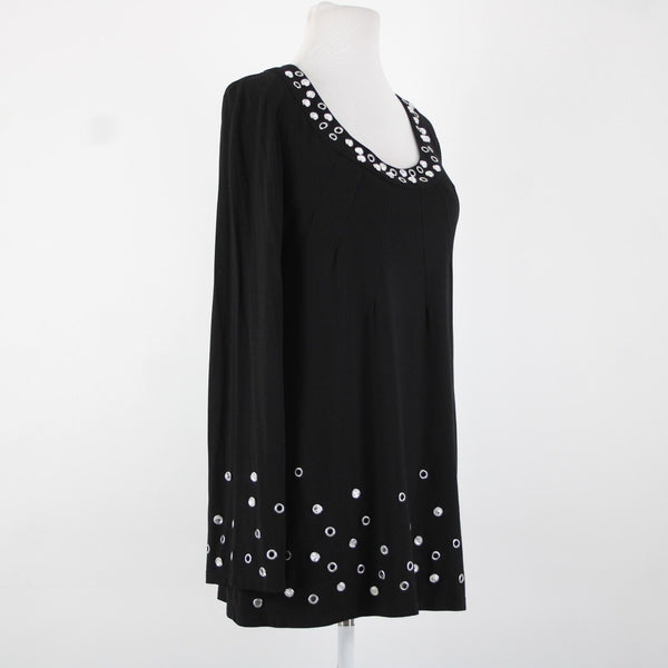 INC Sz L Black Silver Rhinestone Rivet Embellished Round Neck Rayon Spandex Top