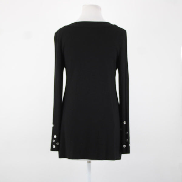 INC Sz L Black Silver Rhinestone Rivet Embellished Round Neck Rayon Spandex Top