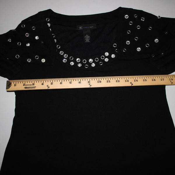 INC Sz L Black Silver Rhinestone Rivet Embellished Round Neck Rayon Spandex Top