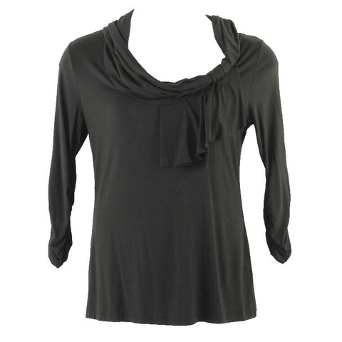 New York & Co Sz L Black Ruched Neckline Sleeves Rayon Spandex Knit Top