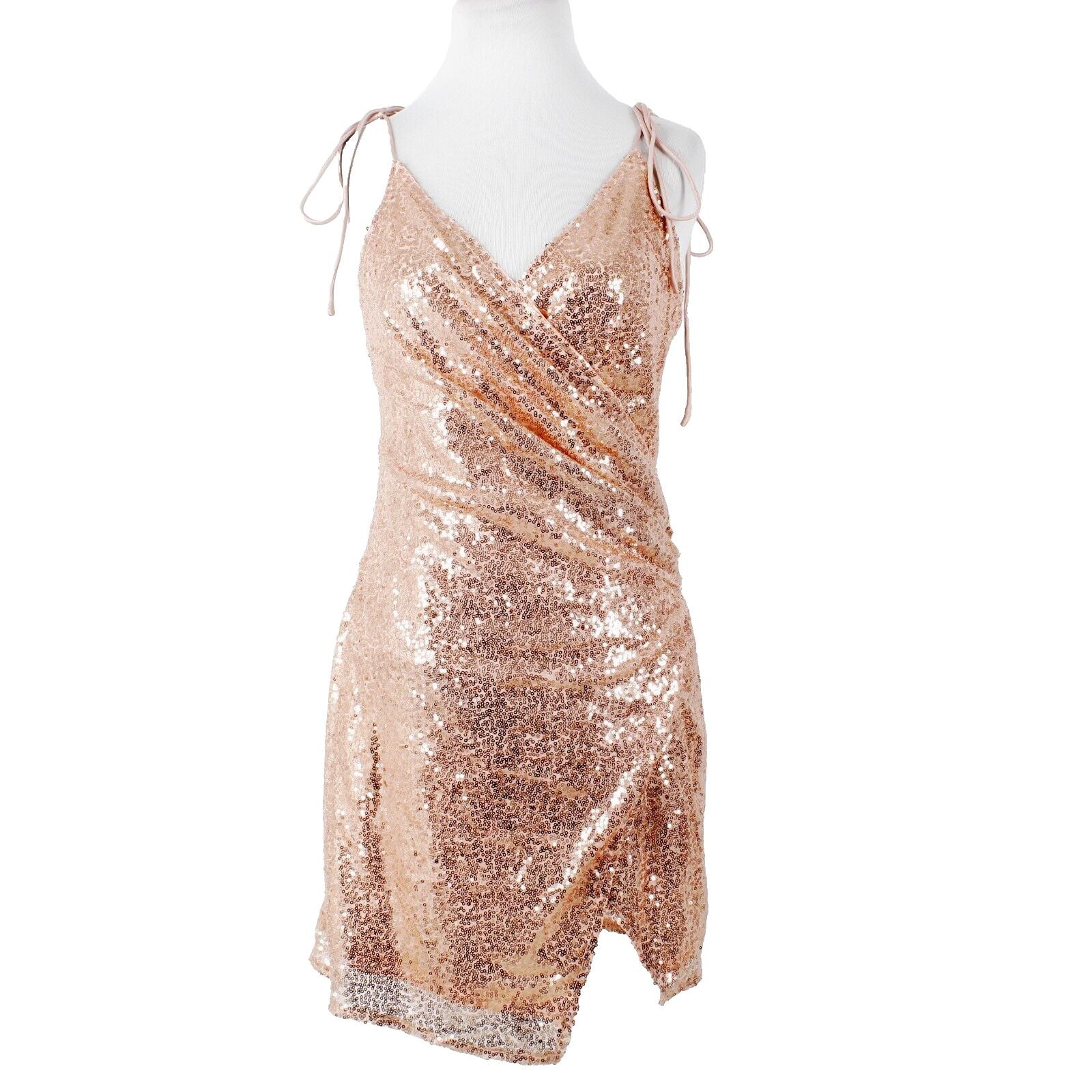 Double Crazy Sz M Peach Full Sequin Front Slit Spaghetti Straps Poly Wrap Dress